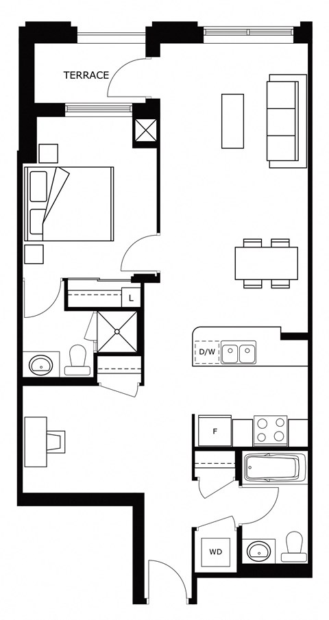 Floor plan for 1 bed, 2 baths, 885 sqft
